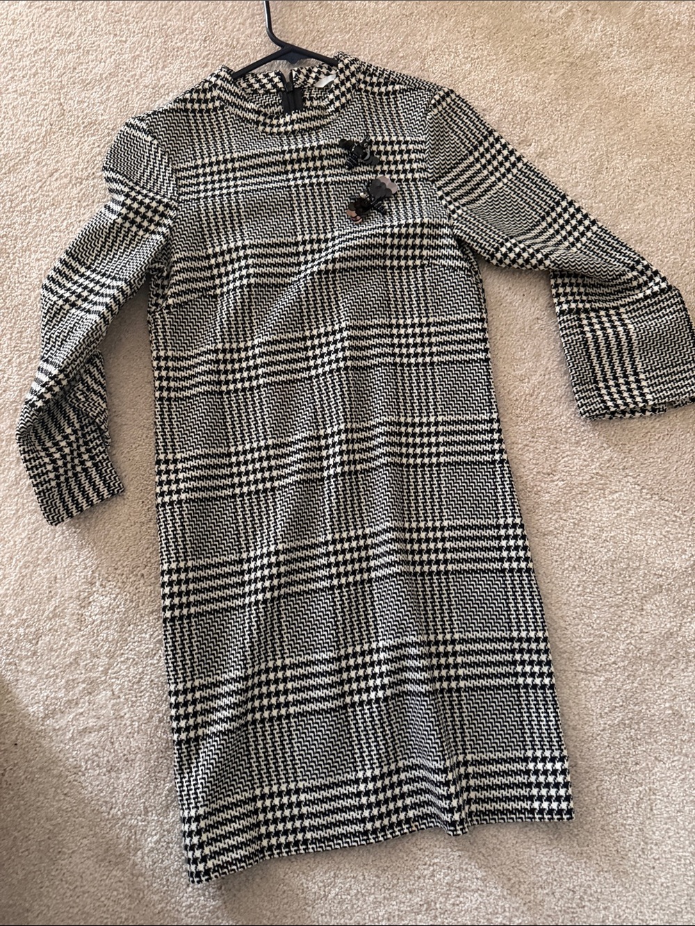 Plaid Pattern Long Sleeve Shift Dress - Black & White